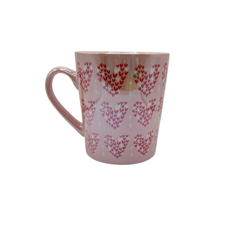 Pink Red Heart Coffee Tea Mug Valentine's Day Glossy Finish‎ White Arrows